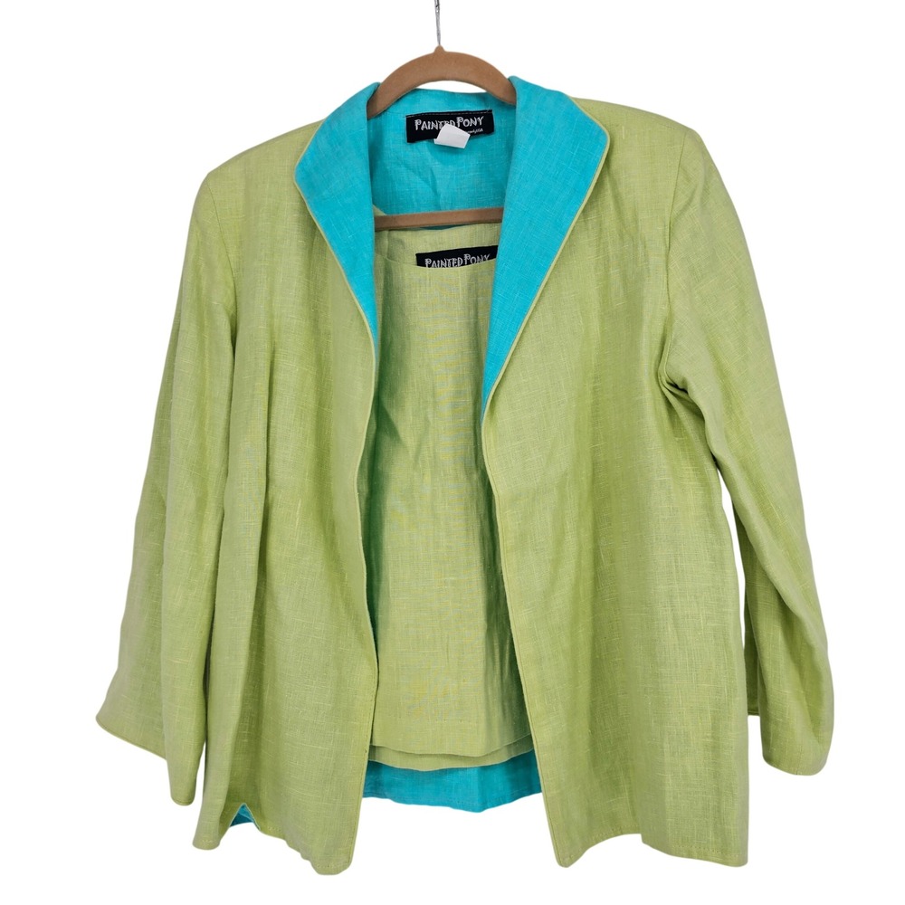 Vintage Painted Pony Open Linen Jacket Set S Lime Green Turquoise Resort Travel